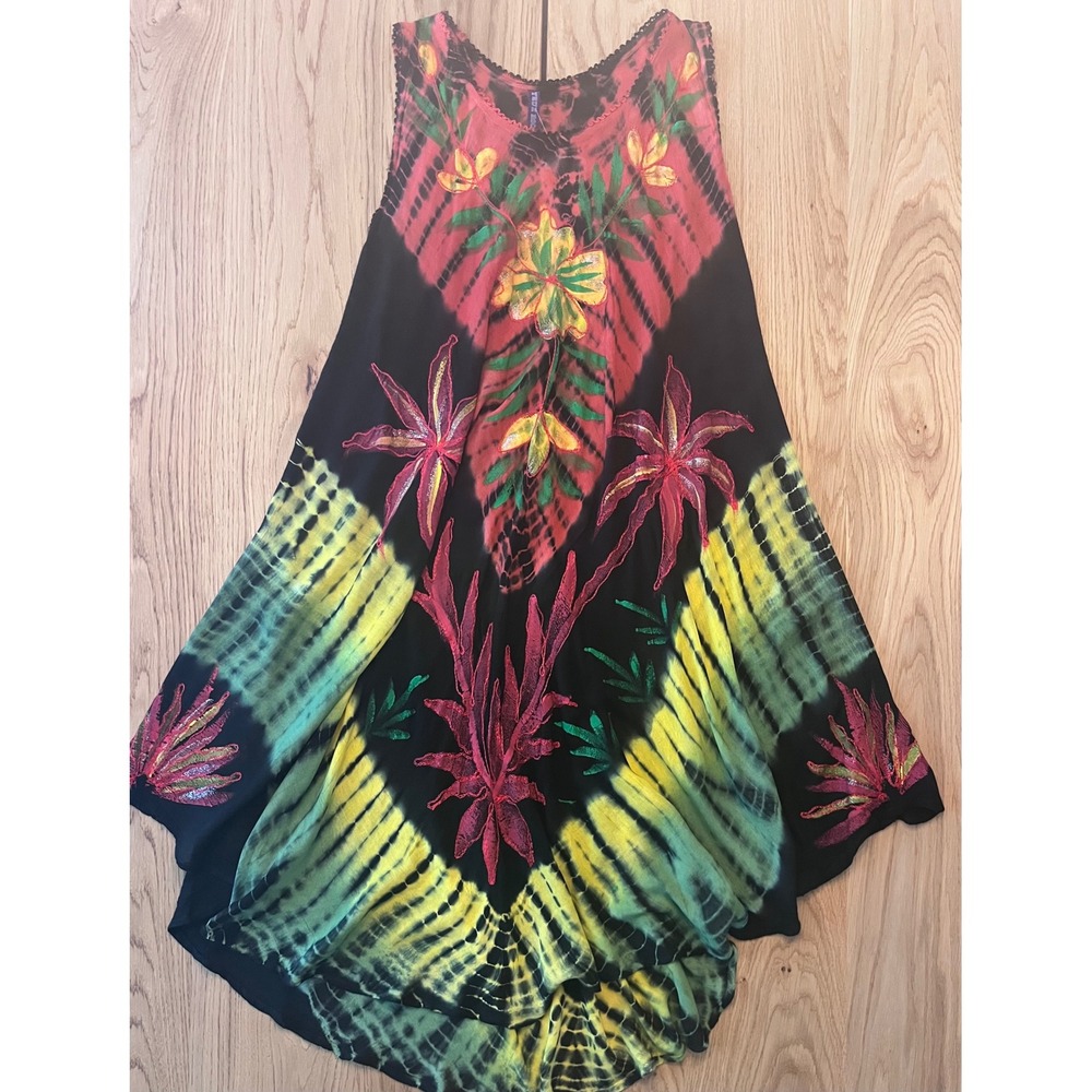 True Rock Boho Festival Hand Painted Tie Dye Sharkbite Dress Tropical OS NWT